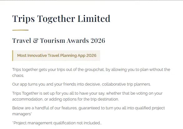 LUXlife Magazine Most Innovative Travel Planning App 2026 award